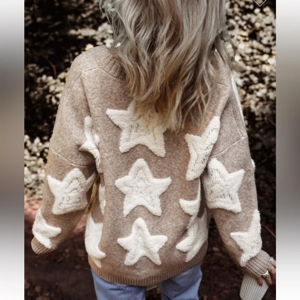 B058–(🚨 3 COLORS) Star Patterned Thick and Cozy Cardigan Sweater - Picture 6 of 7